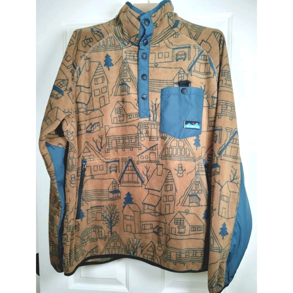 KAVU Fleece Pullover Mens XL Brown Blue Cabin House Print Snap Mock Neck Outdoor